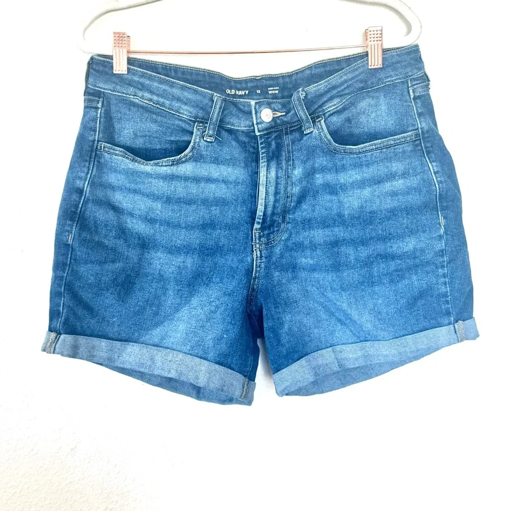 Old Navy High Rise Wow Jeans Denim Shorts Rolled Cuff Blue Size 12 - Picture 2 of 8